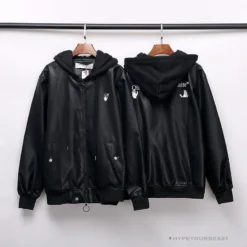 Hypeyourbeast OFF-WHITE 20FW New Logo Hooded Leather Jacket Black Hoodies & Jackets
