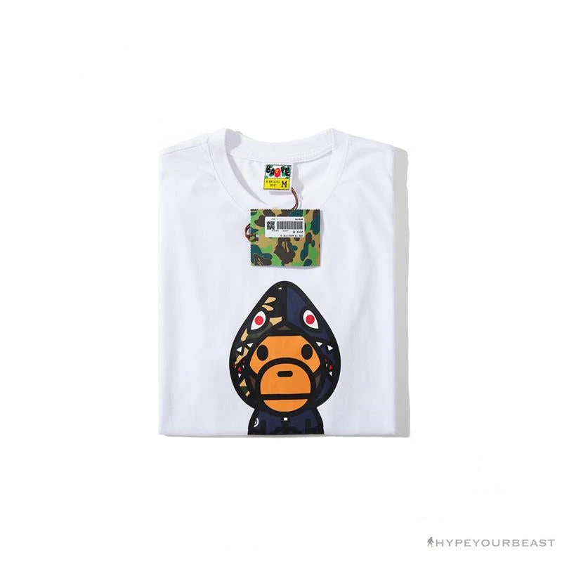 Hypeyourbeast BAPE Baby Milo Blue Shark Hat Little Monkey Tee Shirt 'WHITE' 3 Hypeyourbeast BAPE Baby Milo Blue Shark Hat Little Monkey Tee Shirt 'WHITE'
