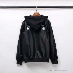 Hypeyourbeast OFF-WHITE 20FW New Logo Hooded Leather Jacket Black Hoodies & Jackets