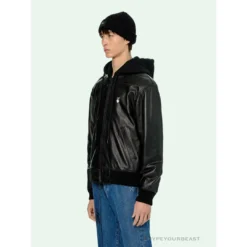 Hypeyourbeast OFF-WHITE 20FW New Logo Hooded Leather Jacket Black Hoodies & Jackets