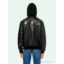 Hypeyourbeast OFF-WHITE 20FW New Logo Hooded Leather Jacket Black Hoodies & Jackets