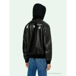 Hypeyourbeast OFF-WHITE 20FW New Logo Hooded Leather Jacket Black Hoodies & Jackets