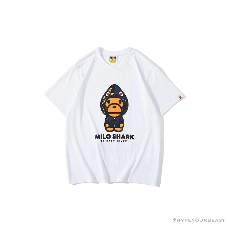 Hypeyourbeast BAPE Baby Milo Blue Shark Hat Little Monkey Tee Shirt 'WHITE' 1 Hypeyourbeast BAPE Baby Milo Blue Shark Hat Little Monkey Tee Shirt 'WHITE'